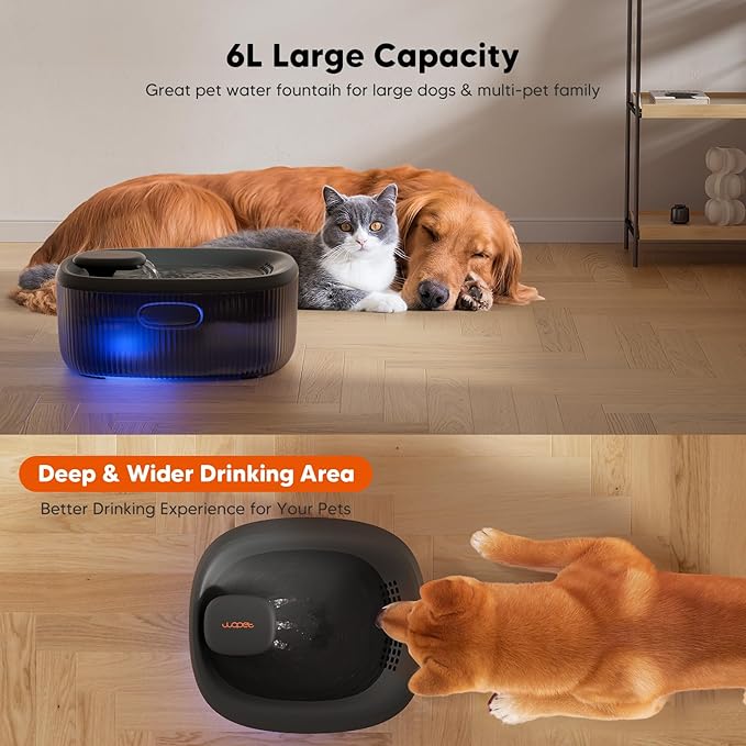 WOPET Dog Water Fountain for Large Dogs, 6L/205oz/1.6Gal Automatic Dog and Cat Water Fountain, Pet Water Dispenser with 2 Filters, Ultra-Quiet Pump, Great for Large Dogs Cats and Multi-Pet Home