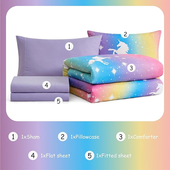 Twin Comforter Set for Girls, Kids - 5 Pieces Rainbow Unicorn Patterns Twin Bedding Sets for Girls Teen, Soft Cozy Bed in A Bag with Sheets