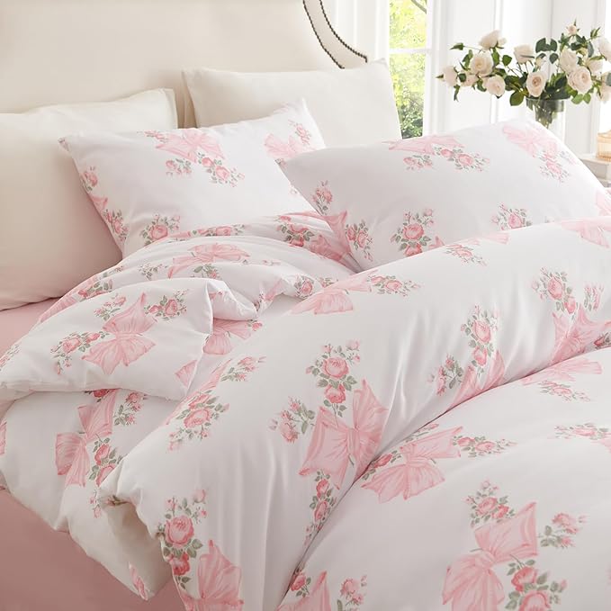 Nayoroom Pink Bow Duvet Cover Queen Size Coquette Pink Floral Duvet Cover 3 Pieces Soft Lightweight Microfiber Girls Cute Aesthetic Dorm Bedding Set