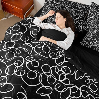 Erosebridal Black White Geometric 7 Piece Comforter Set Full Abstract Line Modern Art Bedding Set for Kids Teens Boys Chic Swirls Bed in A Bag Texture Artwork Sheet Set Bedroom Decor