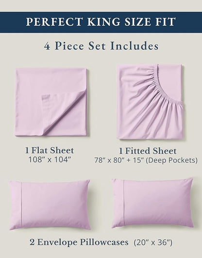 LANE LINEN 100% Organic Cotton Fully Elasticized King Sheet Set, Low Pilling Fade Resistant Machine Washable Naturally Cooling King Bedding Set, Soft & Comfy Cotton Sheets - Orchid Petal