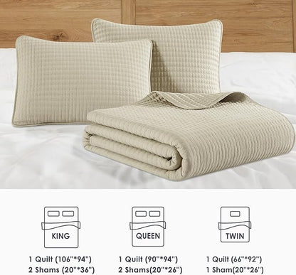 WRENSONGE Queen Quilt-3 Pieces Lightweight Bedspreads Beige Queen Size Quilt Bedding Set for All Seasons,Soft Summer Coverlet with 2 Pillow Shams, Couch