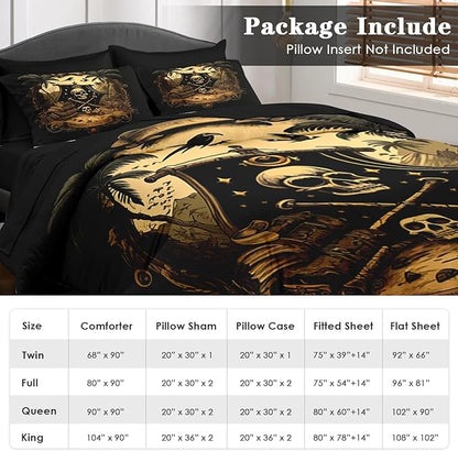 Comforter Set Queen Size, Pirate Skeleton 7 Pcs Bedding for Kids and Adults, Halloween Vintage Gothic Bed Sheet Sets with Fitted Sheet 2 Pillowcase & 2 Sham for Bedroom Bed Decor