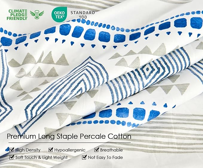 SLEEPBELLA Boho King Size Duvet Cover Set - Cotton Reversible Blue/White with Button Closure & Soft, Breathable Fabric