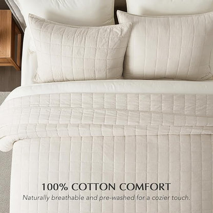 EVERGRACEHOME 100% Cotton Box Stitch Quilt Bedding Set Queen Size 3 Pieces, Garment-Washed Lightweight Soft Cozy Coverlet, Quilted Bedspread Sets with 2 Shams for All Season, Birch