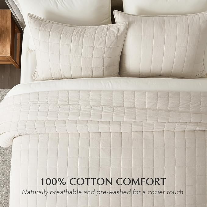 EVERGRACEHOME 100% Cotton Box Stitch Quilt Bedding Set King Size 3 Pieces, Garment-Washed Lightweight Soft Cozy Coverlet, Oversized Quilted Bedspread Sets with 2 Shams for All Season, Birch