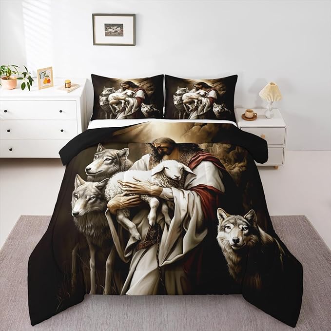 Castle Fairy Rustic Farmhouse Bedding Set for Boys Girls,Wildlife Animals All Season Cozy Comforter Set Full Size,Sheep and Wolf Duvet Set Bedroom Decor,Personalized Birthday Gifts