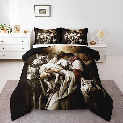 Castle Fairy Sheep and Wolf Twin Size Comforter Set,Wildlife Animals Quilt Set Soft Bed Collection,Rustic Farmhouse Bedding Comforter for Boys Girls Room Decor,2 Pcs