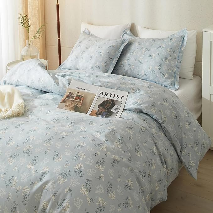 HighBuy Blue Floral Comforter Set Queen 3 Piece Boho Bedding Comforter Set Queen for Women Girls Bedroom Luxury Decorative Comforter Bed Set Include 1 Floral Comforter and 2 Pillowcase