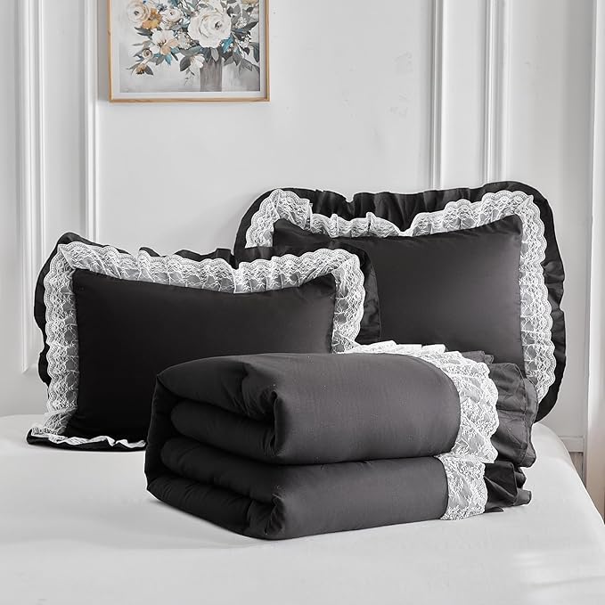 Joyreap Twin Size Comforter Set Black, 3pcs Lace Ruffled Bedding Comforter Set, Microfiber Vintage Gothic Boho Chic Bedding Set for All Season- 68x88 inches