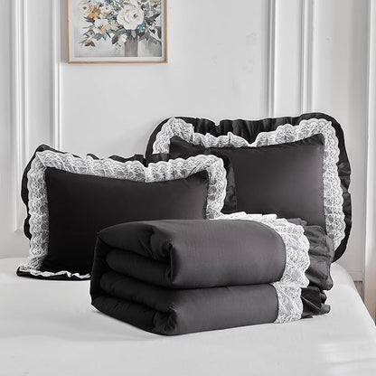 Joyreap Queen Size Comforter Set Black, 3pcs Lace Ruffled Bedding Comforter Set, Microfiber Vintage Gothic Boho Chic Bedding Set for All Season- 88x88 inches