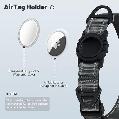 Taglory AirTag Dog Collar with Waterproof Holder for Large Dogs, Gray, L | Reflective for Night Walks & Low-Light Safety, Track Your Pup Peace of Mind, Adjustable Soft Padded, No More Dangling Tags