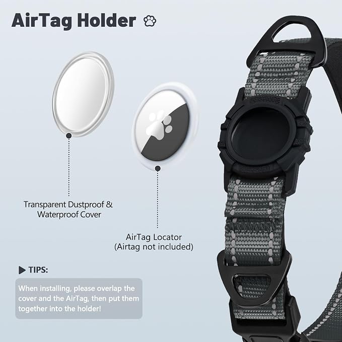 Taglory AirTag Dog Collar with Waterproof Holder for Large Dogs, Gray, XL | Reflective for Night Walks & Low-Light Safety, Track Your Pup Peace of Mind, Adjustable Soft Padded, No More Dangling Tags