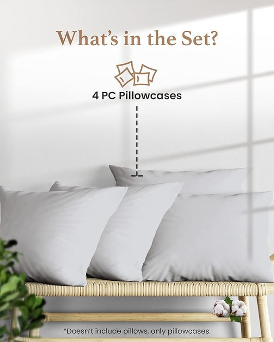 Set of 4 Pillow Cases King, 800 TC 100% Egyptian Cotton, Great for Hair & Skin Care, Silky Soft Sateen Weave Pillow Covers for Bed Pillow, Improves Sleep Quality, 4" Hem Pillowcases, Light Gray