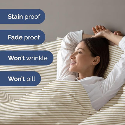 Duvet Cover Twin/Twin XL Size Set - Extra Soft Twin/Twin XL Duvet Cover 68" x 90" with 1 Pillow Sham - Hotel Luxury, Fade Free w/ Zipper Closures & Ties - Comfy, Cozy and Breathable (Beige Stripes)