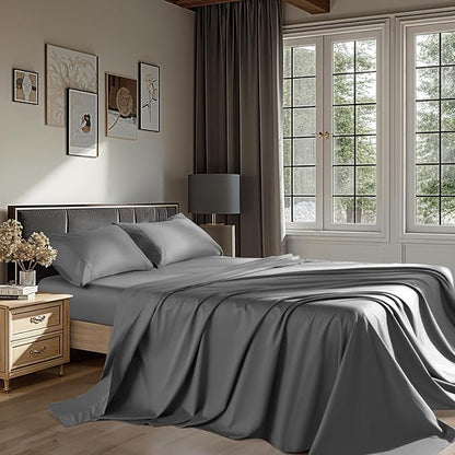 100% Egyptian Cotton Sheets 1200 Thread Count California King Size Bedding Sets 4 Pcs, Fitted Sheet Up to 16" Deep Breathable All Seasons (California King, Dark Gray)