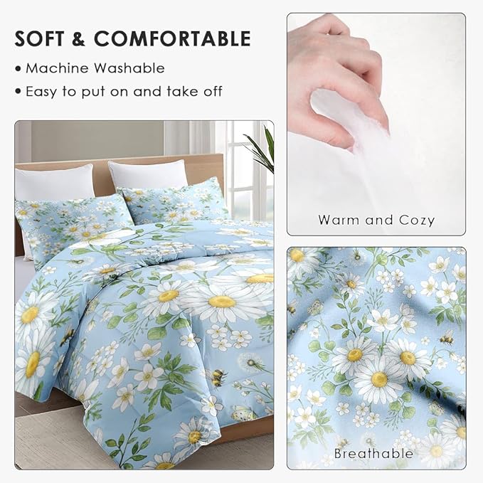 Full Size Comforter Set with 2 Pillowcases, Spring Summer Botanical Wildflower Daisy Flower Green Floral Soft 3 Pcs Bedding for Kids and Adults Bedroom Bed Decor