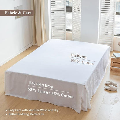 BISELINA French Linen Bed Skirt with Pleated Corner 22-Inch Tailored Drop Natural Flax Cotton Blend Basic Dust Ruffle Soft Cozy Farmhouse Bedding (22" Queen, Basic White)