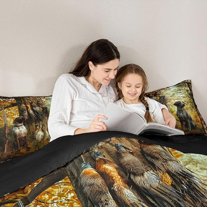 Erosebridal Pheasant Hunting Comforter Set King Size Black Dog Bedding Set Boho Farmhouse Wild Animals Down Comforter Woodland Leaves Hunter Gun Room Decor Quilt Set for Men Boys Adults Kid