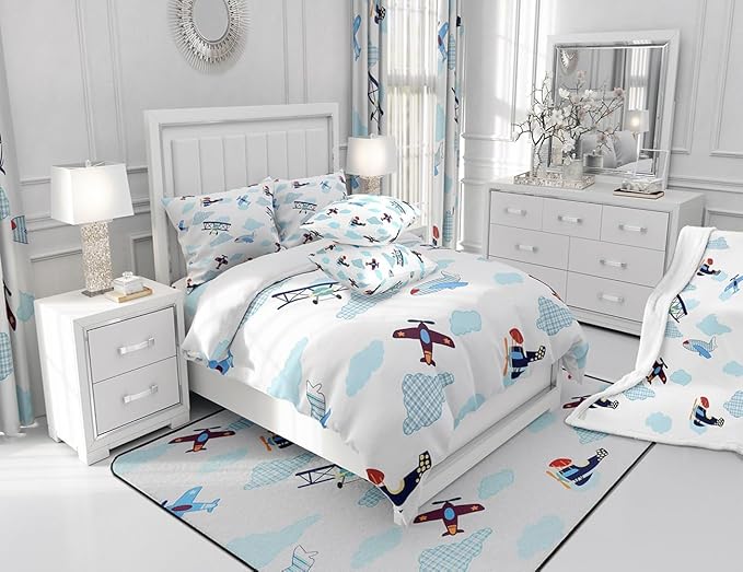 Castle Fairy Kids Aircraft Boys Girls Comforter Set Full Size,Boys Teens Airplanes Duvet Sets Teens Bedroom Decor,Blue White Clouds Chic Gingham Brushed Microfiber Soft Bedding Comforter