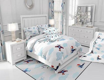 Kids Aircraft Bed Comforters Set Queen Size,Boys Teens Airplanes Super Soft Microfiber Bedding Set for Boys Girls,Blue White Clouds Chic Gingham Room Decorative Comforter Set,2 Pillowcase