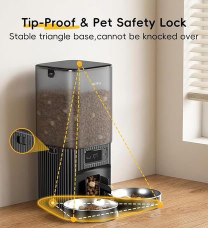 7L Automatic Cat Feeder 2 Cats, 5G WiFi Dog Food Dispenser with APP Control | APP Control, Dual Power Supply, Up to 12 Meals Per Day, 10s Voice Recorder, 2 Stainless Steel Bowls