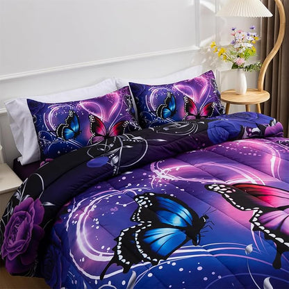 A Nice Night Galaxy 6pcs Bed in A Bag Purple and Blue Dreamy 3D Butterfly Printed, Butterflies Bedding Queen Comforter Set, for Girls Kids Teens