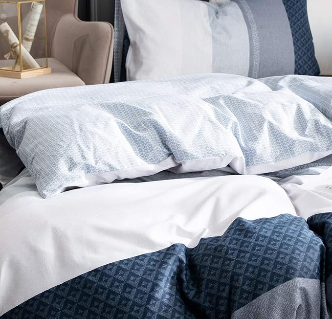 Duvet Cover Set, 600 Thread Count Cotton White and Navy Striped Patchwork Comforter Cover Set Reversible Quilt Cover (King, Greekn-Lump)