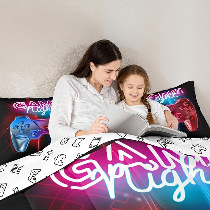 Feelyou Boys Gaming Comforter Set King Size Teens Gamer Bedding Set Modern Blue Red Video Game Controller Comforter for Kids Decor Multi-Color Gamer Console Action Buttons Duvet Set Boys