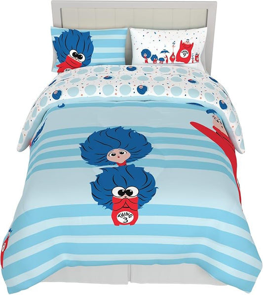 Dr Seuss The Cat in The Hat Movie Set, Full Size 5 Piece Kids Super Soft Cozy Reversible Comforter and Sheet Set, Thing 1, Thing 2, Thing 3 (Officially Licensed Product) By Franco | Durable, Reversible, Officially Licensed