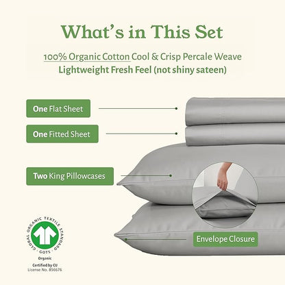 California Design Den King Size Sheets Set - Soft 100% Organic Cotton, Crisp Percale Sheets with Deep Pockets, Breathable and Durable Bedding Set - Light Grey