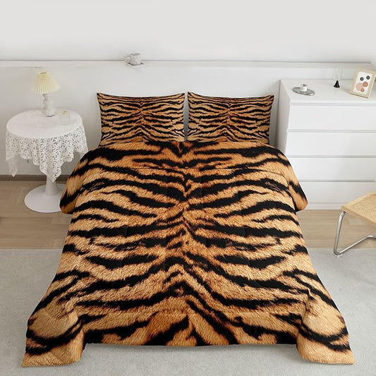 3D Tiger Skin Comforter Set Wild Africa Animals Bedding Set King Size Kids Teens Men Adult Home Room Decor Abstract Black Brown Stripes Quilted Duvet Romantic Vintage Bedspread,2 Pillowcases