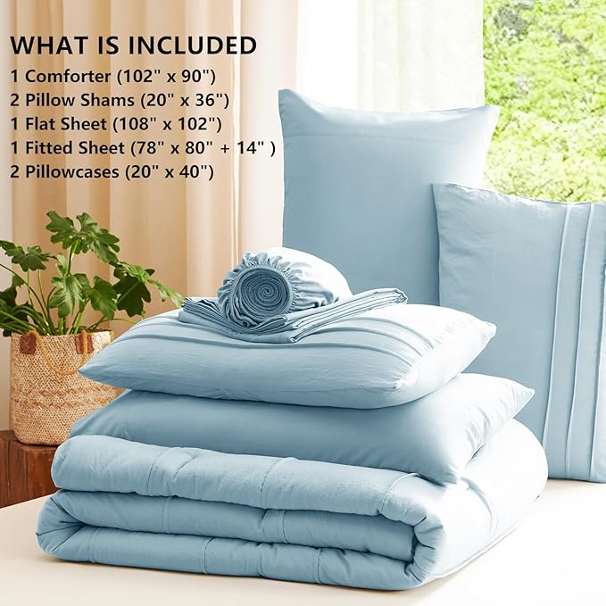 CozyLux King Size Comforter Set Light Blue, 7 Pieces Soft Pinch Pleat Bed in a Bag King Comforter Set with Sheets, Boho Bed Set with Down Alternative Comforter, Sheets, Pillowcases & Shams