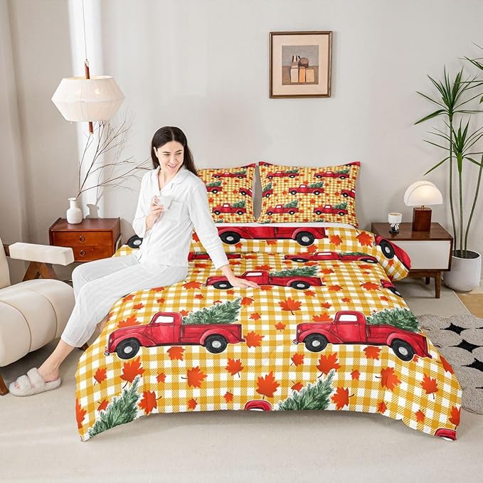 Erosebridal Christmas Comforter Set King, Red Truck Down Comforter, Xmas Tree Maple Leaves Bedding Set, Yellow Lattice Grid Comforters & Sets, Autum Quilt for Kids Teens Bedroom Decor