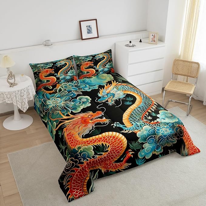 Castle Fairy Wild Animals Dragon 3 Pcs King Size Comforter Set,Propitious Cloud Down Alternative Adults Bedroom Decor,Chinese Loong Ultra Soft Microfiber Inner Fill 3 Pcs Bedding