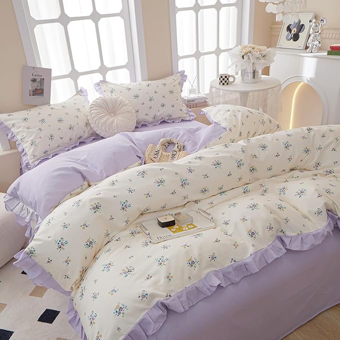 VM VOUGEMARKET Ruffle Comforter Set Queen, Purple Flower Bedding Set,3 Pieces Shabby Chic Coquette Cottagecore Aesthetic Lace Comforter with 2 Pillow Shams,Queen Size