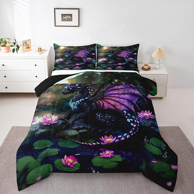 Feelyou Dragon Comforter Set Toddler Size Dragon Stuff Comforter for Boys Girls Teens Wild Life Bedding Set Lotus Flower Duvet Set Room Decor Green Purple Quilt Set