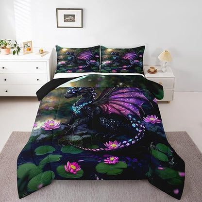 Feelyou Dragon Comforter Set Full Size Dragon Stuff Comforter for Boys Girls Teens Wild Life Bedding Set Lotus Flower Duvet Set Room Decor Green Purple Quilt Set