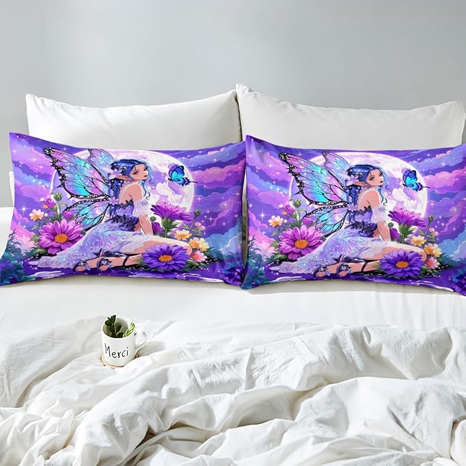 Erosebridal Fairy Girl Fitted Sheet Queen Flower Fairytale Bed Sheets for Boys Girls Blue Butterfly Floral Decor Bed Set Purple Galaxy Moon Sheets with 2 Pillowcases