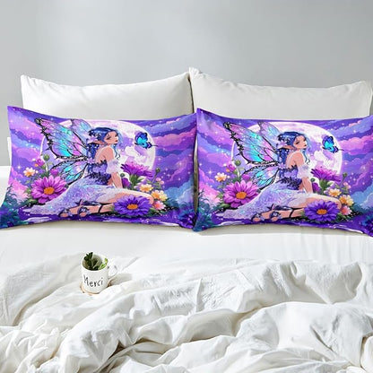 Erosebridal Fairy Girl Fitted Sheet Full Flower Fairytale Bed Sheets for Boys Girls Blue Butterfly Floral Decor Bed Set Purple Galaxy Moon Sheets with 2 Pillowcases