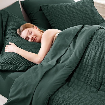 CozyLux Twin Comforter Set with Sheets 5 Pieces, Forest Green Seersucker Textured Bed in a Bag, Luxury Soft Bedding Sets with Down Alternative Comforter, Sheets, Pillowcase & Sham for All Seasons
