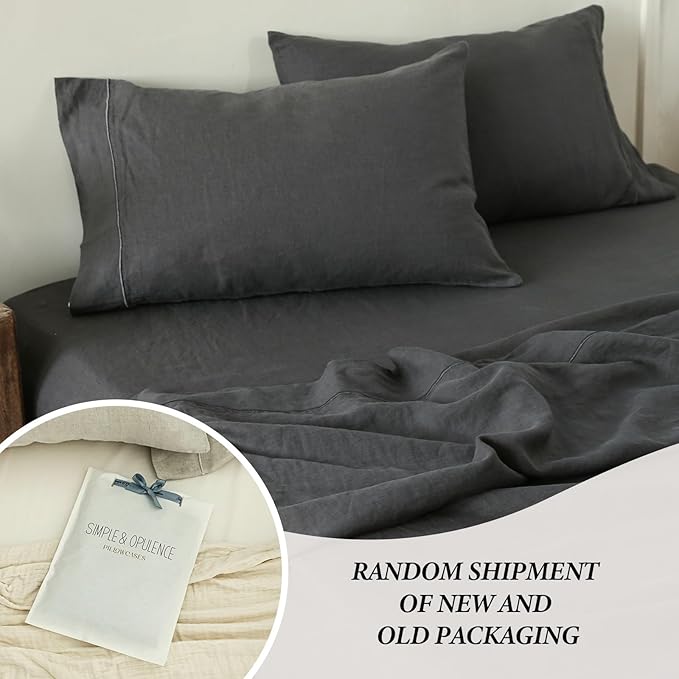 Simple&Opulence 100% French Linen Pillowcase King Size-Set of 2- Washed Solid Color Pillow Cases Embroidered -Soft and Durable (Dark Grey, 20''x40'')