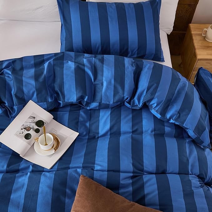 Merryword Blue Striped Duvet Cover Set King Size, 100% Natural Cotton Linen Like Duvet Cover Set with Zipper Closure & 8 Corner Ties, Dark Blue Soft Reversible Bedding for All Seasons