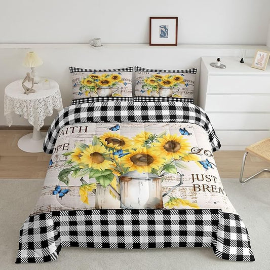 Yellow Sunflowers Queen Size Comforter Set,Rustic Farmhouse Style Down Alternative Comforter Adults Bedroom Decor,Black White Plaid Retro Gingham Ultra Soft Microfiber Inner Fill 3Pcs Bedding
