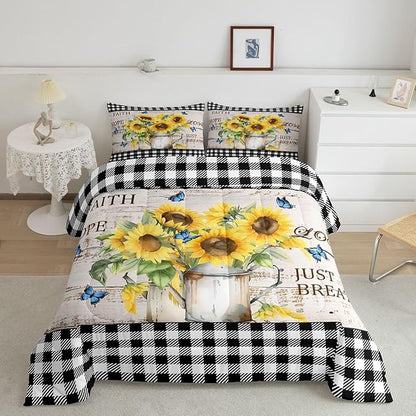 Castle Fairy Yellow Sunflowers Comforter Set King,Rustic Farmhouse Style Bedding Set for Boys Girls Teens Bedroom Decor,Black White Plaid Retro Gingham Quilt Set Super Soft Duvet Set,Gift for Her Him