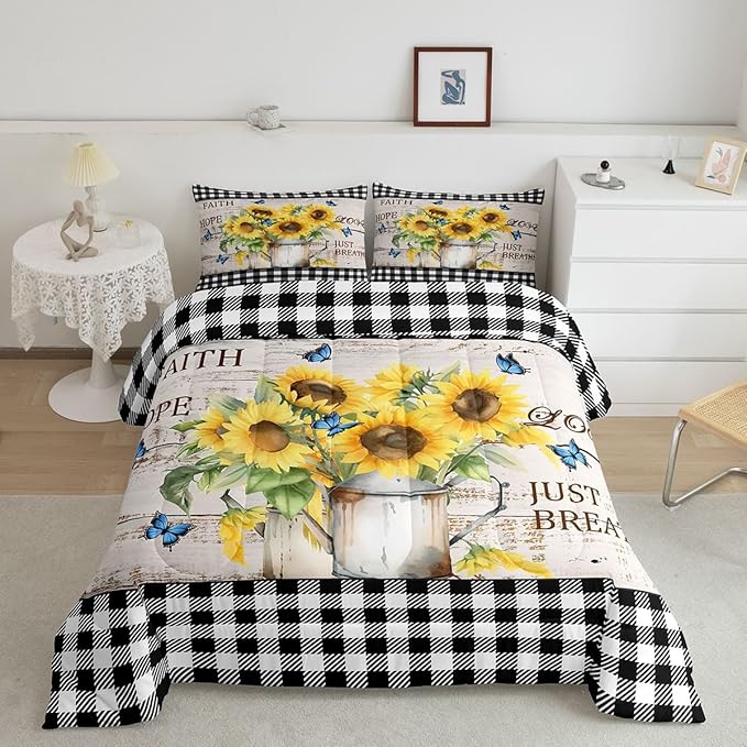 Castle Fairy Yellow Sunflowers Bedding Set for Boys Girls,Rustic Farmhouse Style All Season Cozy Comforter Set Full Size,Black White Plaid Retro Gingham Duvet Set Bedroom Décor,Gift for Kids