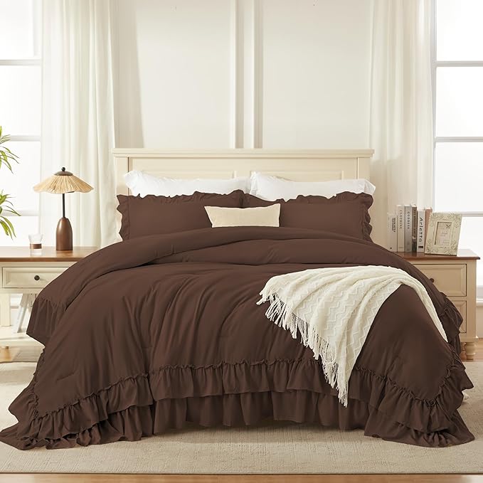 Andency Brown Oversized Queen Comforter Set (98x98Inch), 3 Pieces Lightweight Fluffy Ruffle Bedding Comforter Sets for Queen Bed, Farmhouse Shabby Chic Soft All Season Bed Set