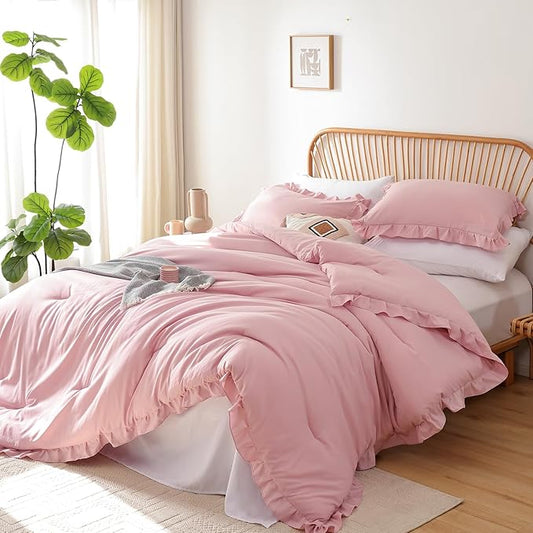 JANZAA King Comforter Set Baby Pink Ruffle Comforter with 2 Pillowcase Soft King Size Bed Set Vintage Farmhouse Bed Comforter Set Fluffy Shabby Chic Bedding for All Season