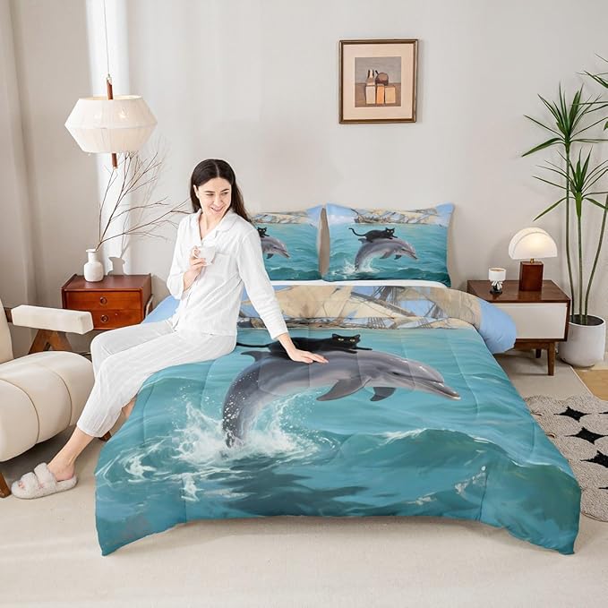 Erosebridal Black Kitten Bedding Set Twin Size Dolphin Comforter Set for Kids Girls Boys Marine Waves Kawaii Cat Sea Ship Blue White Comforter Warm Soft Quilt Insert
