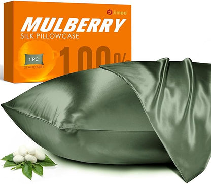 100% Mulberry Silk Pillowcase for Hair and Skin, 22 Momme Pure Natural Silk Pillow Case Both Sided with Zipper, Pillow Cover for Women Mom Men (Matcha, King 20''×36'', 1 Pack)